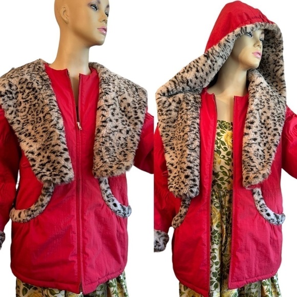 Vintage 1980s Red Puffer Jacket with Faux Fur Trim - Picture 1 of 8
